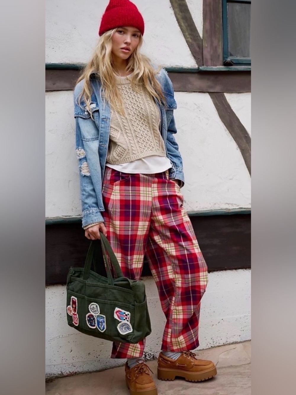 NWT Free People Nice Choice Pull-On Pants Wine combo lantern plaid
